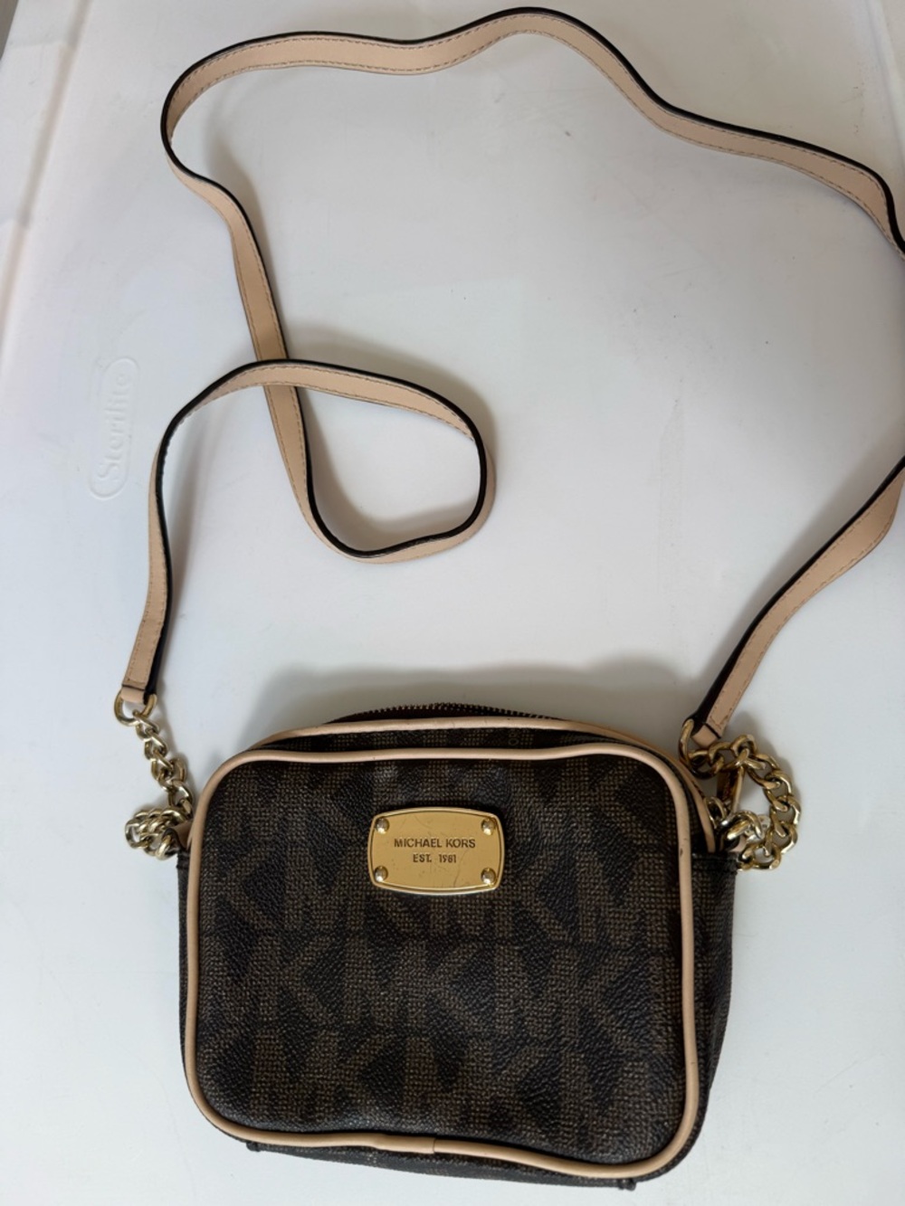 Michael Kors Brown MK Logo Crossbody with Beige Trim and Gold Plate